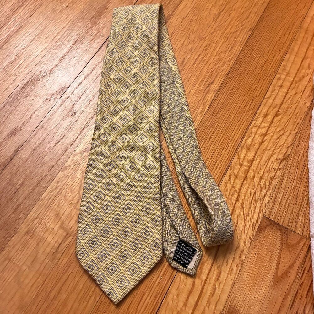 Gianna Versace Butter Yellow Blue Gray Silk Tie Made in London
